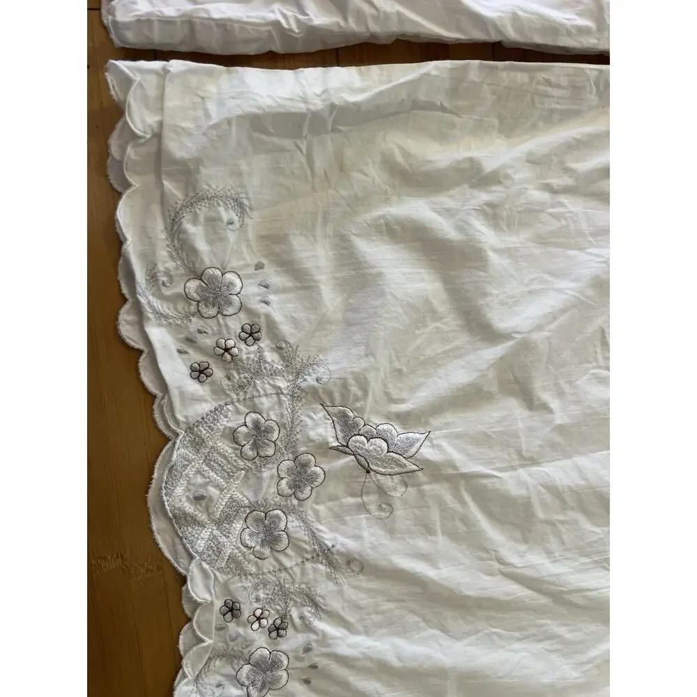 3PC Vintage JC Penney Full Sheet Set Floral Embroidered Butterfly Flower Cottage